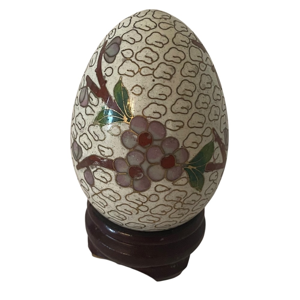 Vintage Chinese Cloisonne Enamel Egg Cherry Blossom Butterfly White Stand Easter